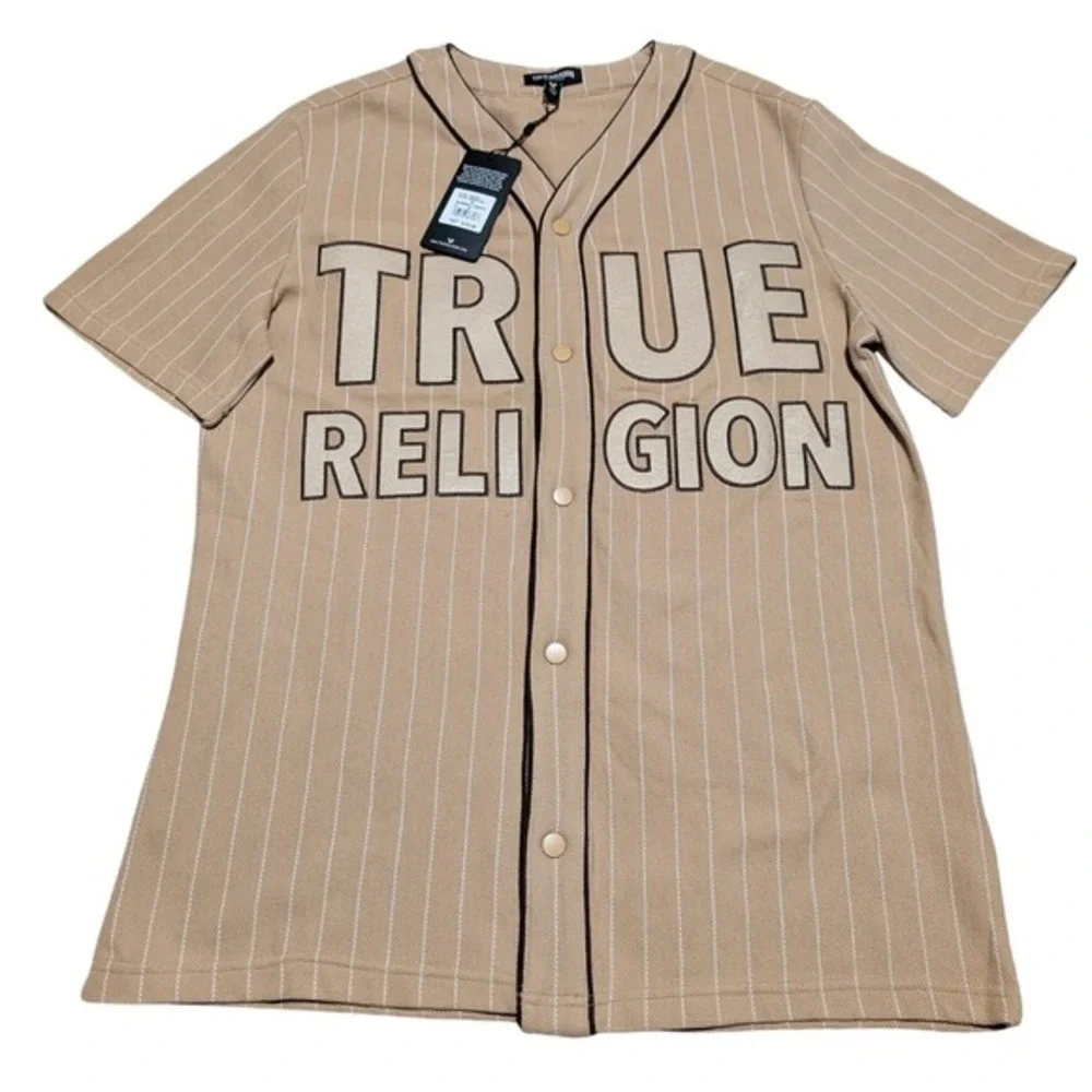 True Religion Mens Baseball Jersey Short Sleeve Tan Pinstripe Button Up‎ Size S